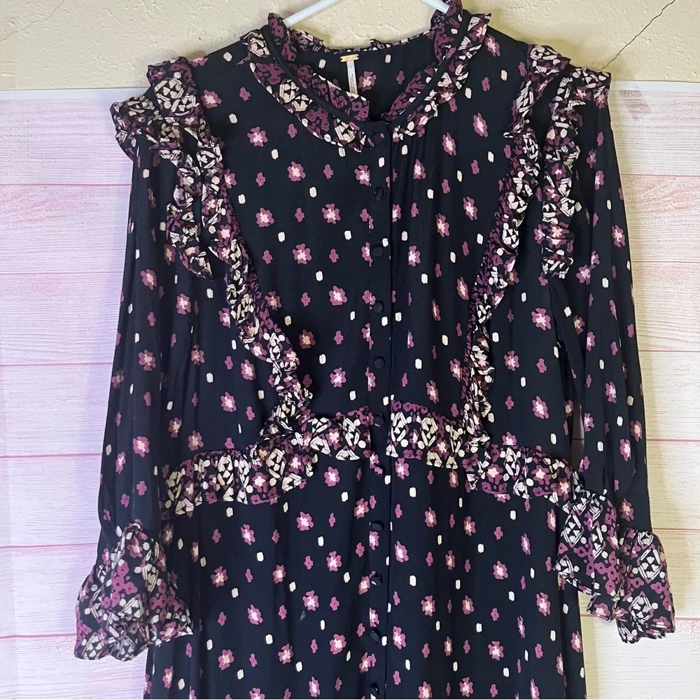 Free People Calico Skies Long‎ Sleeve Flowy Button Up Ruffle Dress Size Medium
